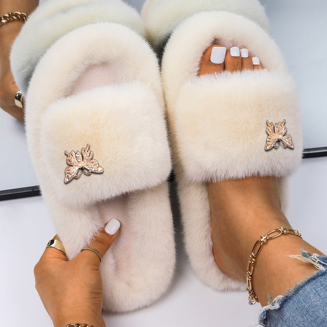 Fluffy Slippers Rhinestone Butterfly Faux Fur Slides Women Sandals Platform Flip Flops Custom Indoor Slippers Luxury Flat Shoes