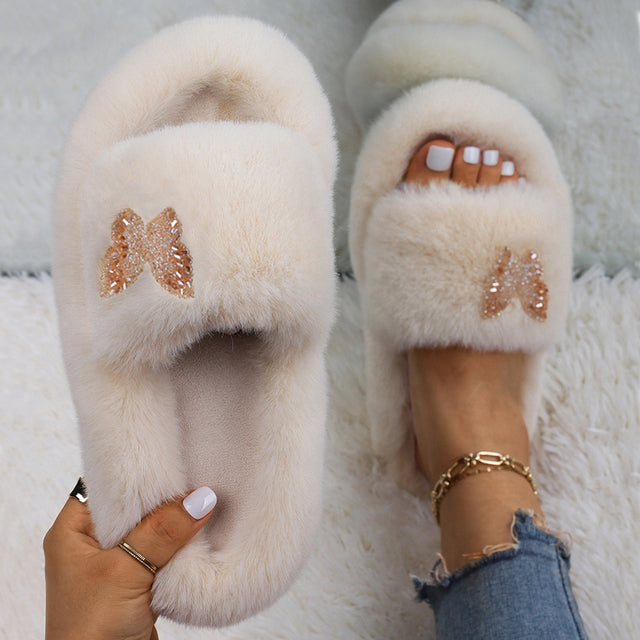 Fluffy Slippers Rhinestone Butterfly Faux Fur Slides Women Sandals Platform Flip Flops Custom Indoor Slippers Luxury Flat Shoes
