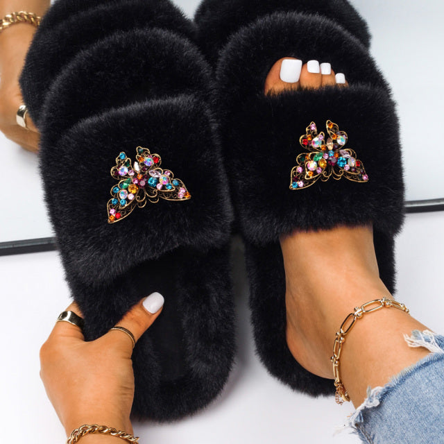 Fluffy Slippers Rhinestone Butterfly Faux Fur Slides Women Sandals Platform Flip Flops Custom Indoor Slippers Luxury Flat Shoes