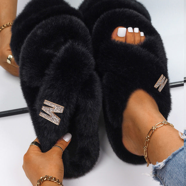 Fluffy Slippers Rhinestone Butterfly Faux Fur Slides Women Sandals Platform Flip Flops Custom Indoor Slippers Luxury Flat Shoes