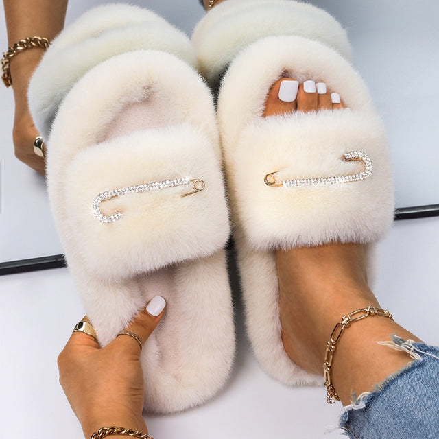 Fluffy Slippers Rhinestone Butterfly Faux Fur Slides Women Sandals Platform Flip Flops Custom Indoor Slippers Luxury Flat Shoes