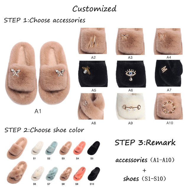 Fluffy Slippers Rhinestone Butterfly Faux Fur Slides Women Sandals Platform Flip Flops Custom Indoor Slippers Luxury Flat Shoes