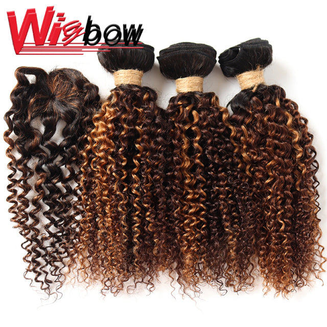 Short Kinky Curly Bundles With Closure 100% Human Hair Brazilian Curly Hair Bundles With Machine Made Closure Natural Color Remy