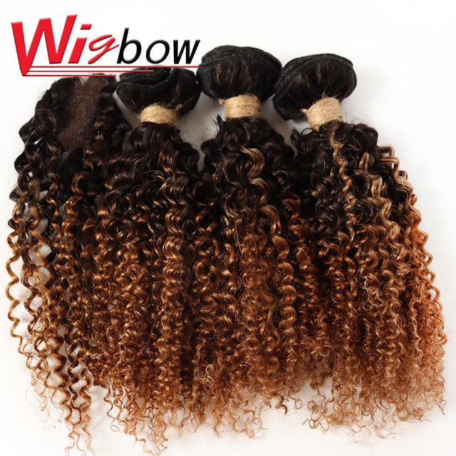 Short Kinky Curly Bundles With Closure 100% Human Hair Brazilian Curly Hair Bundles With Machine Made Closure Natural Color Remy