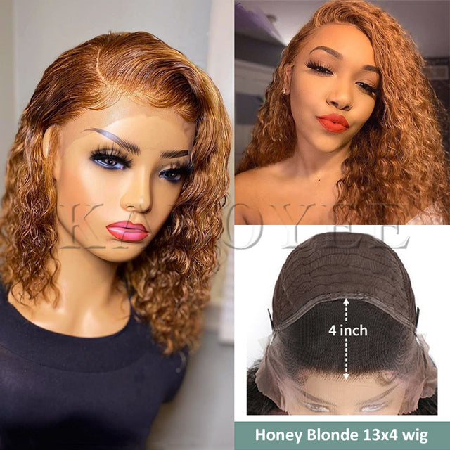 Short Curly Honey Blonde Bob Wig Lace Front Human Hair Wigs For Women #27 Color Brazilian Kinky Curly Lace Closure Frontal Wigs