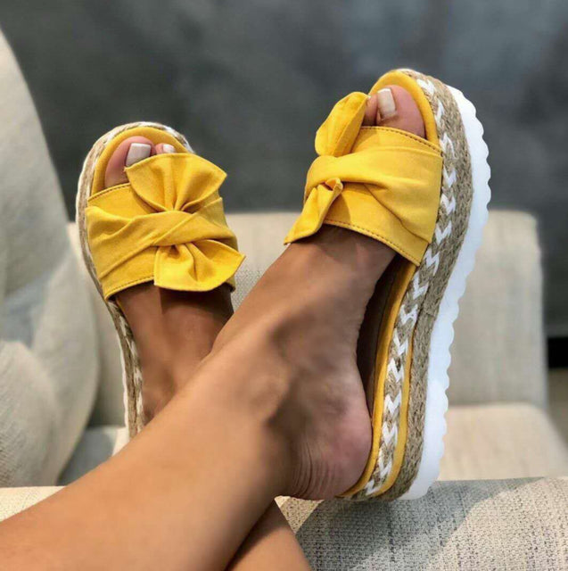 New Women Slippers Casual Solid Color Bowknot Platform Flat Shoes Fashion Braided Straps Outdoor Walking Sandals Zapatilla Mujer