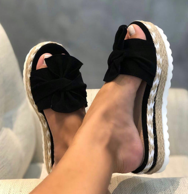 New Women Slippers Casual Solid Color Bowknot Platform Flat Shoes Fashion Braided Straps Outdoor Walking Sandals Zapatilla Mujer