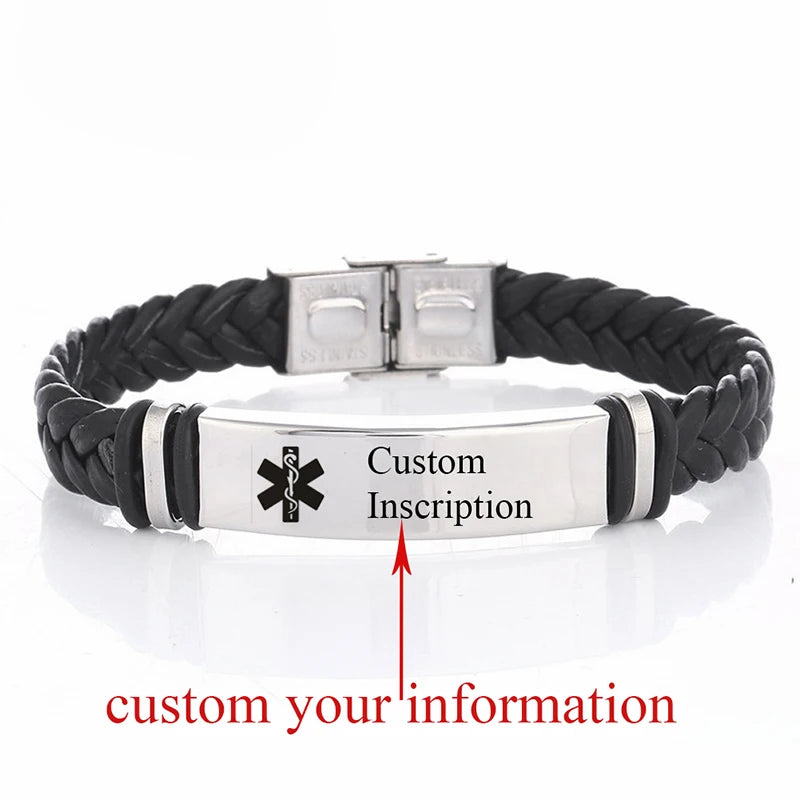 Black Sesame Custom name Logo Leather Bangle & Bracelet Personalized Stainless Steel Bracelets For Women Men ID Bracelet