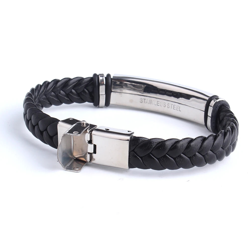 Black Sesame Custom name Logo Leather Bangle & Bracelet Personalized Stainless Steel Bracelets For Women Men ID Bracelet