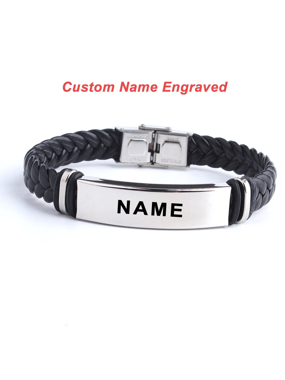 Black Sesame Custom name Logo Leather Bangle & Bracelet Personalized Stainless Steel Bracelets For Women Men ID Bracelet