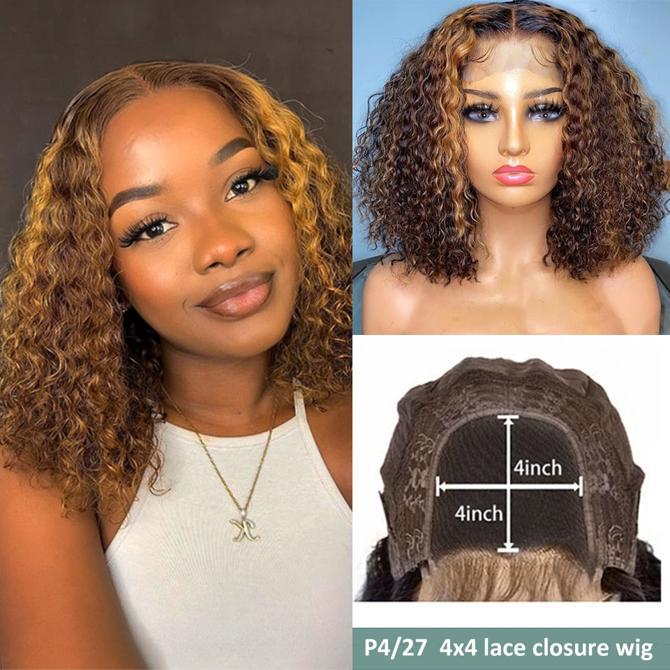 Curly Honey Blonde Lace Front Human Hair Wigs For Women Ombre Color Brazilian Hd Lace Frontal Wig Short Bob Curly Human Hair Wig