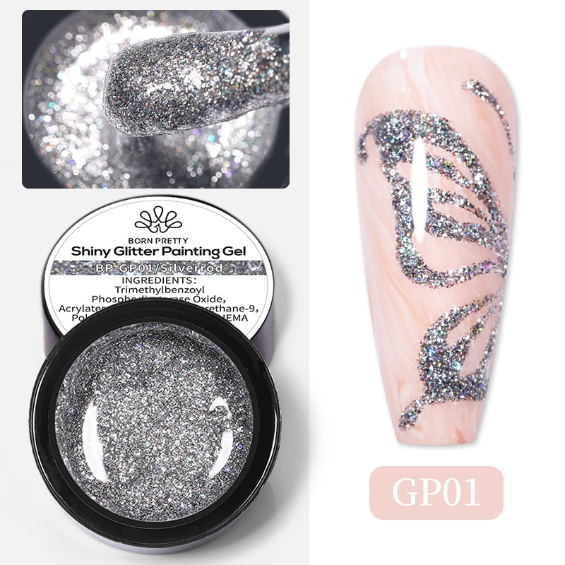 BORN PRETTY Sparkling Metallic Painting Gel Polish Soak Off Gel Nail Polish Flower Drawing Gold Silver Mirror Glitter UV Gel 5ml