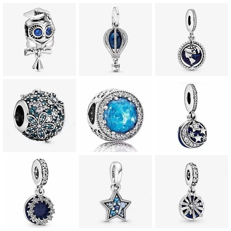 Cute Sparkling Blue Crystal Charm 925 Originales Sterling Silver Beads For Jewelry Making DIY Bracelet Women Mermaid Moments