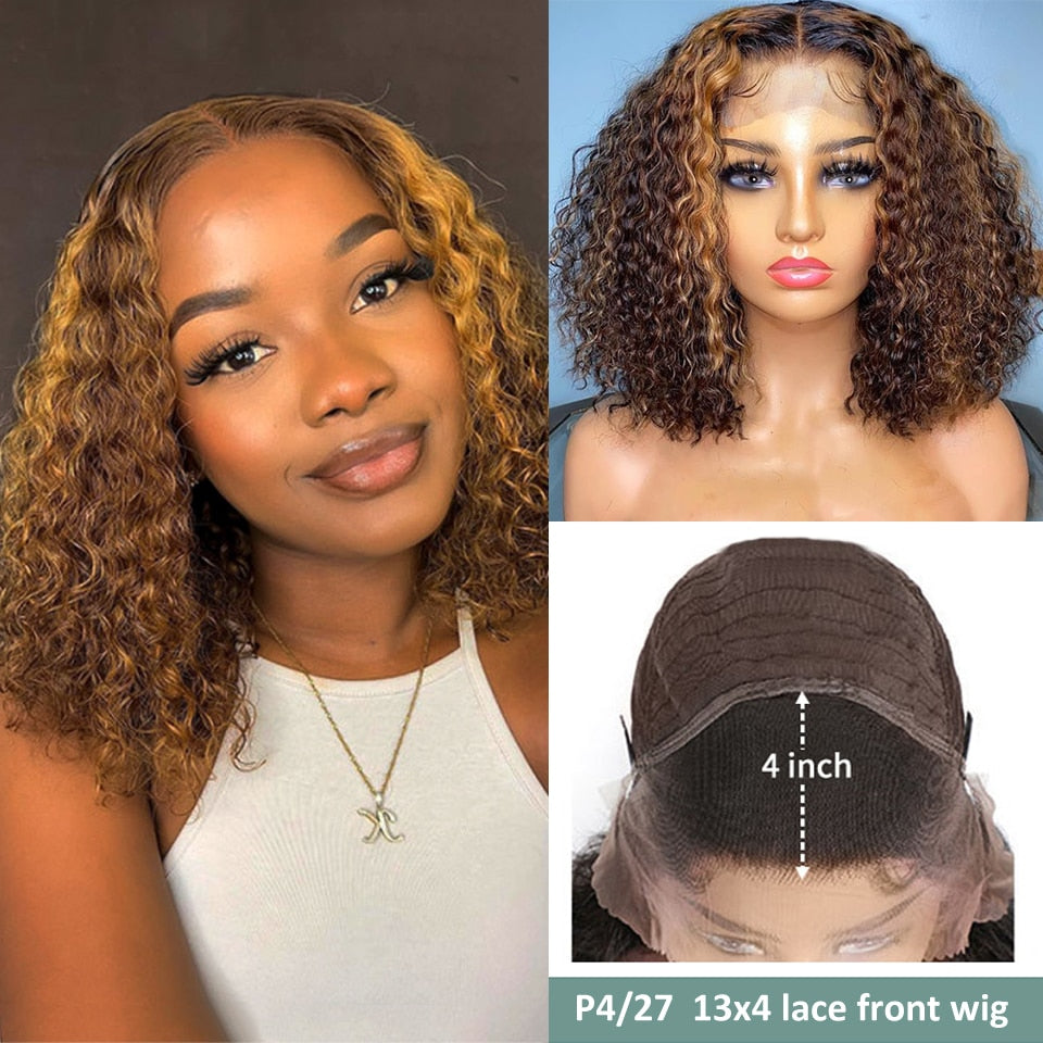 Curly Honey Blonde Lace Front Human Hair Wigs For Women Ombre Color Brazilian Hd Lace Frontal Wig Short Bob Curly Human Hair Wig