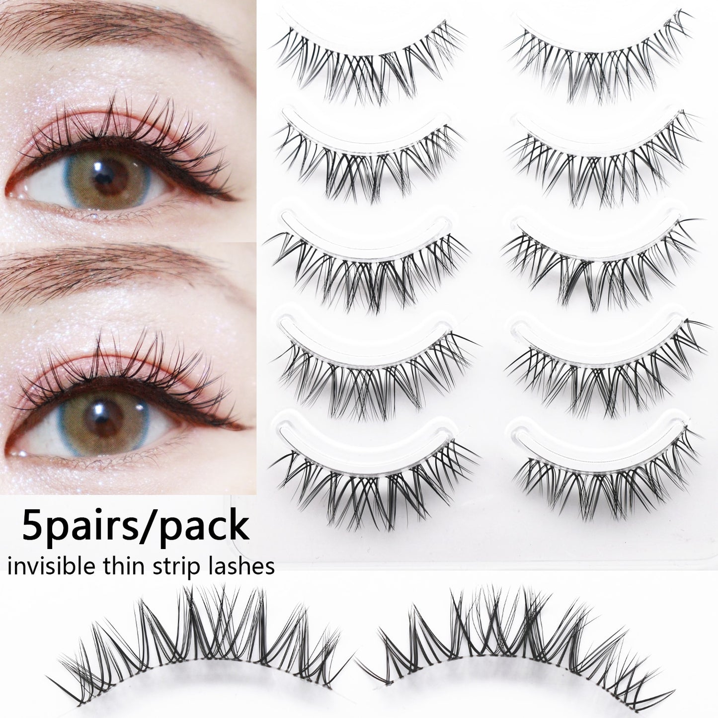 5 Pairs Eyelashes Bundles Lashes Natural Wispy False Eyelash Lashes Manga Lashes Invisible Band Soft Natural Eyelashes Extension