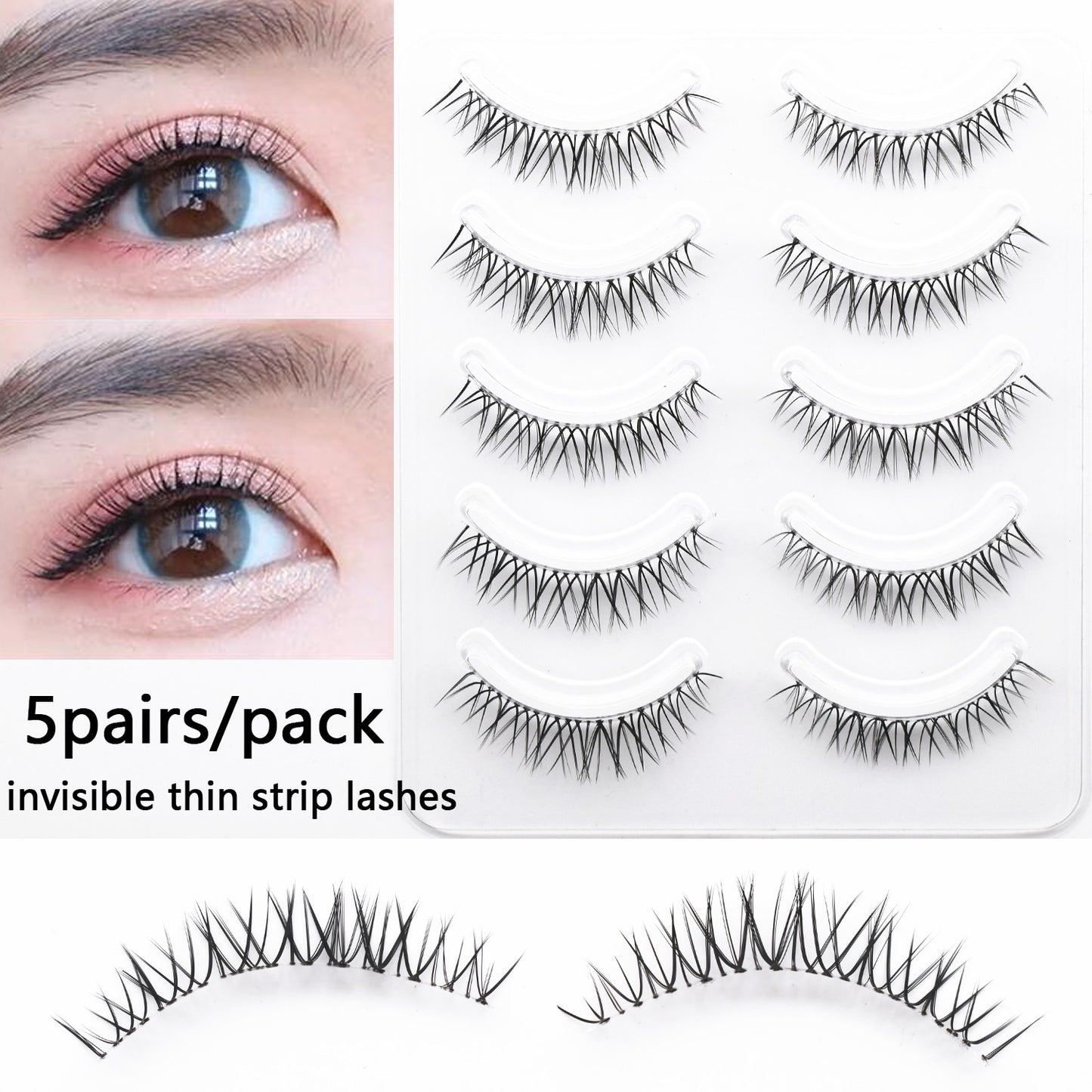 5 Pairs Eyelashes Bundles Lashes Natural Wispy False Eyelash Lashes Manga Lashes Invisible Band Soft Natural Eyelashes Extension