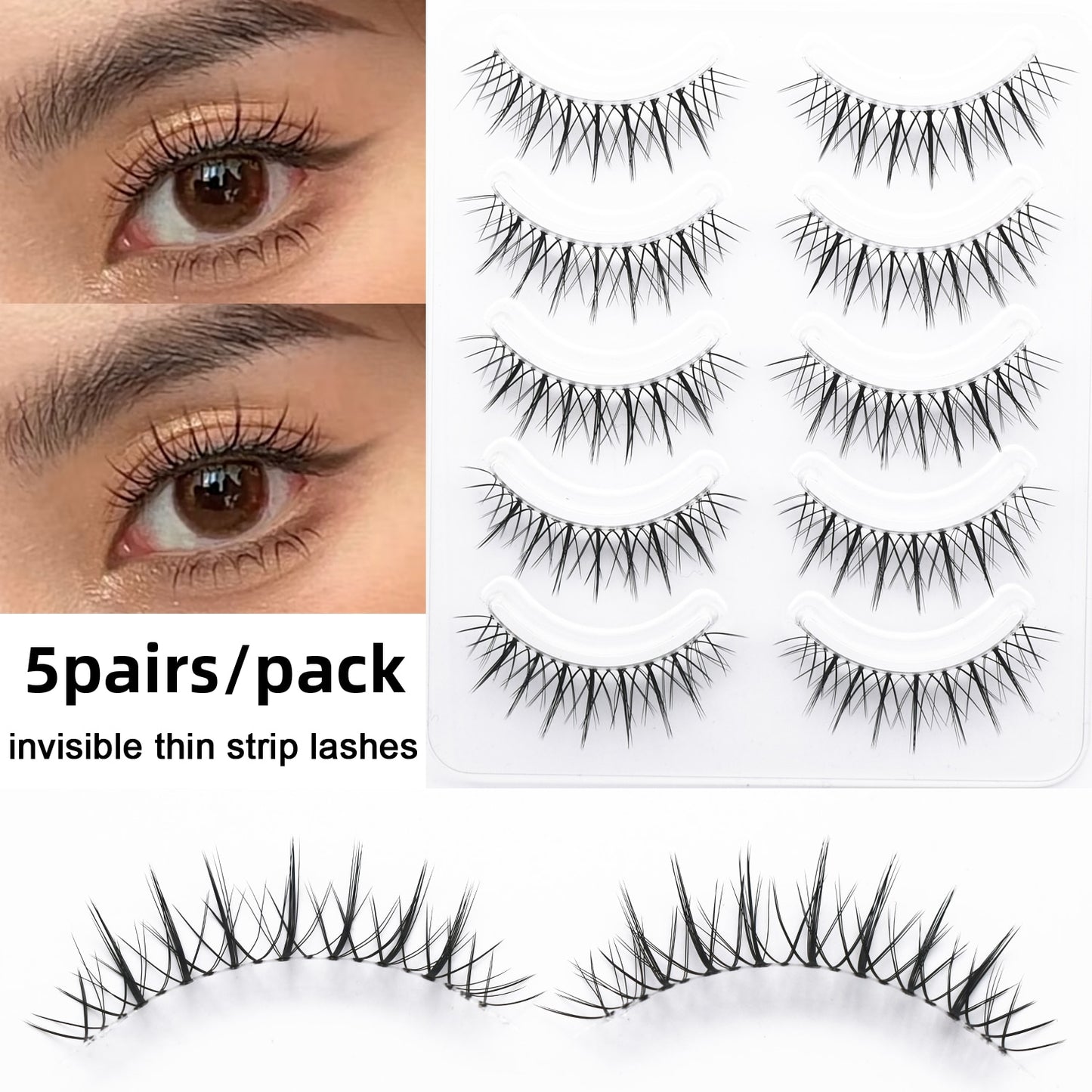 5 Pairs Eyelashes Bundles Lashes Natural Wispy False Eyelash Lashes Manga Lashes Invisible Band Soft Natural Eyelashes Extension