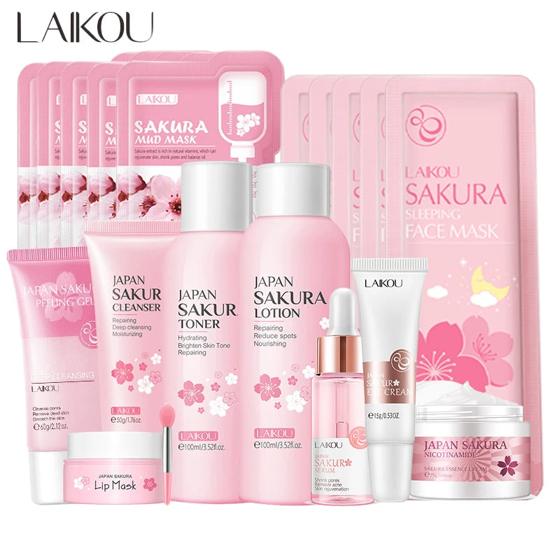 Japan Sakura Facial Cleaner Korean Face Serum Exfoliating Peeling Gel Moisturize Toner Eye Cream Sunscreen Cosmetic SkinCare Set