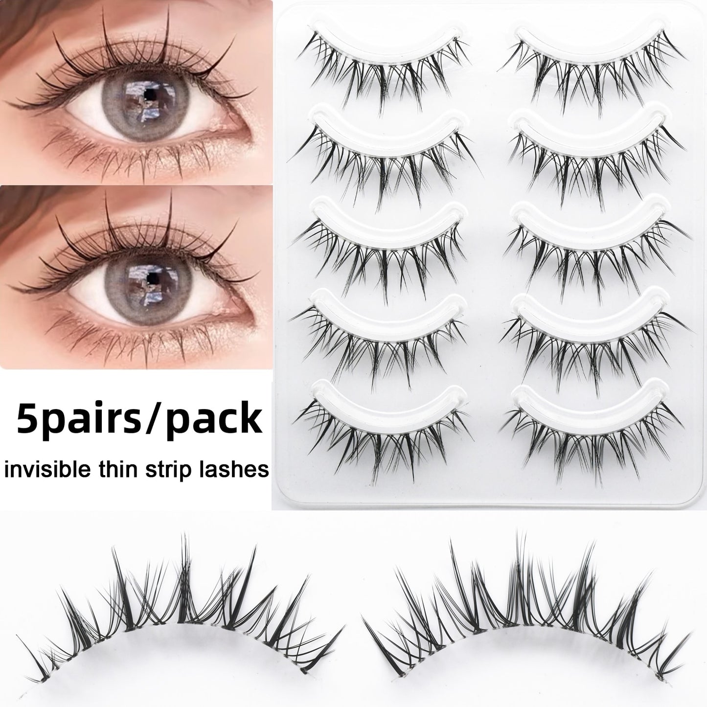 5 Pairs Eyelashes Bundles Lashes Natural Wispy False Eyelash Lashes Manga Lashes Invisible Band Soft Natural Eyelashes Extension