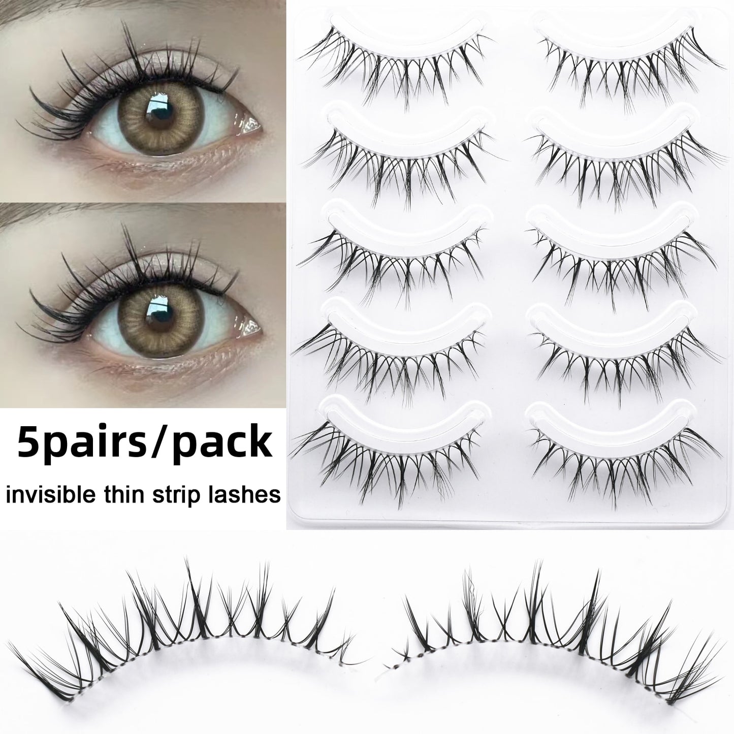 5 Pairs Eyelashes Bundles Lashes Natural Wispy False Eyelash Lashes Manga Lashes Invisible Band Soft Natural Eyelashes Extension