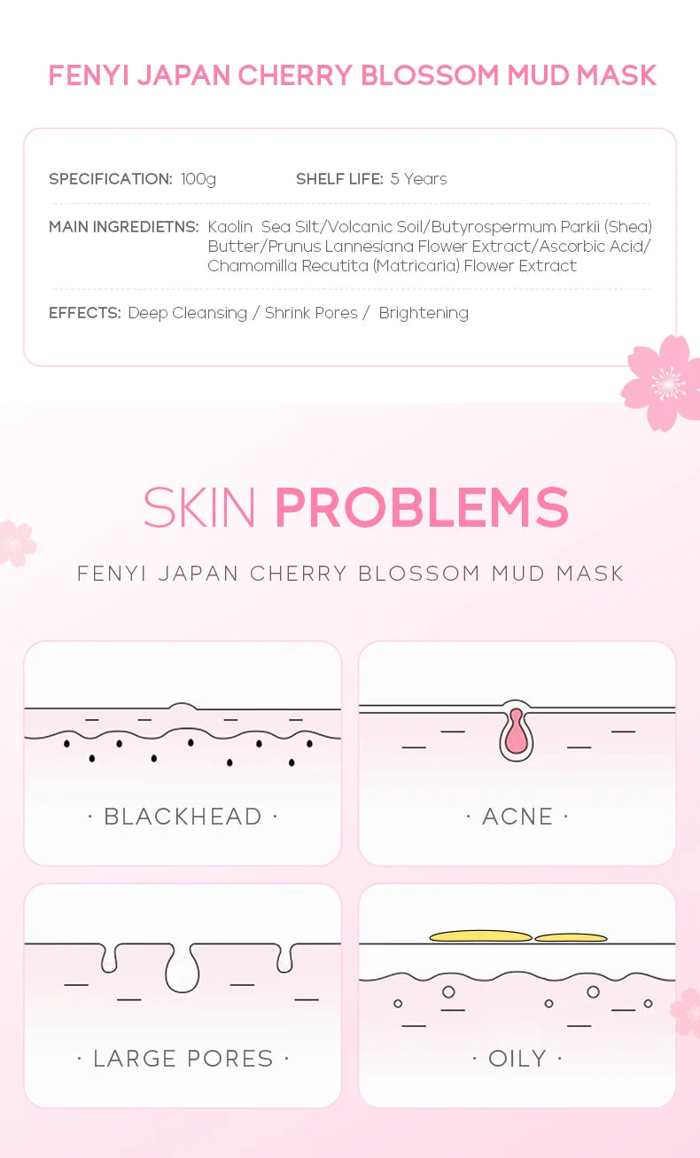 100g Japan Sakura Mud Face Mask Reduce Wrinkle Night Facial Packs Skin Clean Blackhead Pores Smearing Mud Mask Skin Care