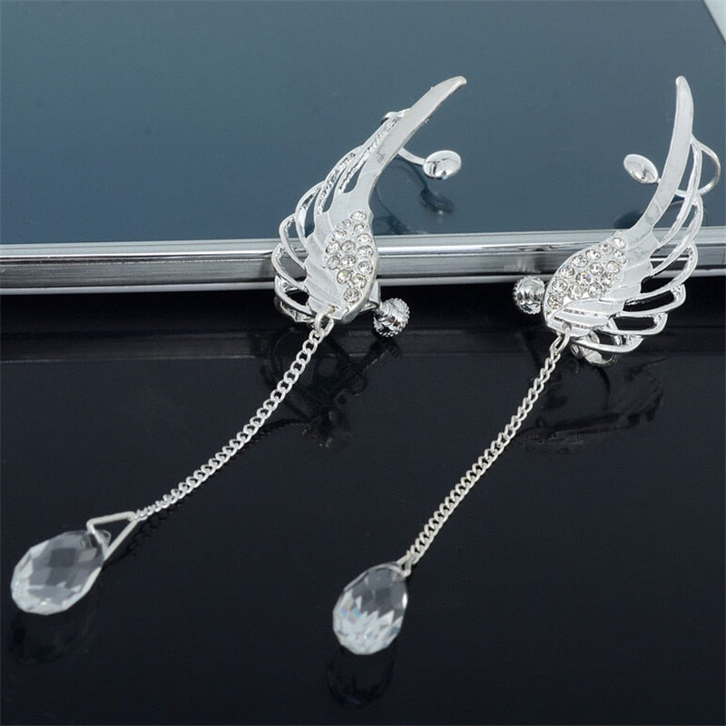 2021 New Silver Plated Angel Wing Stylist Crystal Earrings Drop Dangle Ear Stud For Women Long Cuff Earring Bohemia Jewelrys