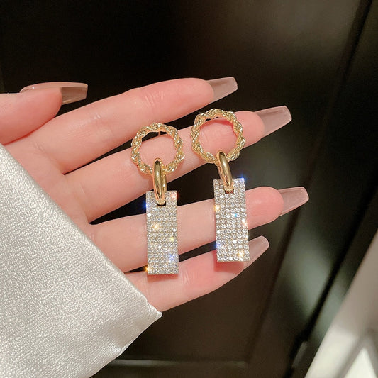 Korean Fashion Bling Bling Rhinestones Drop Earrings for Women Metallic Geometric Dangle Earrings Temperament Jewellery