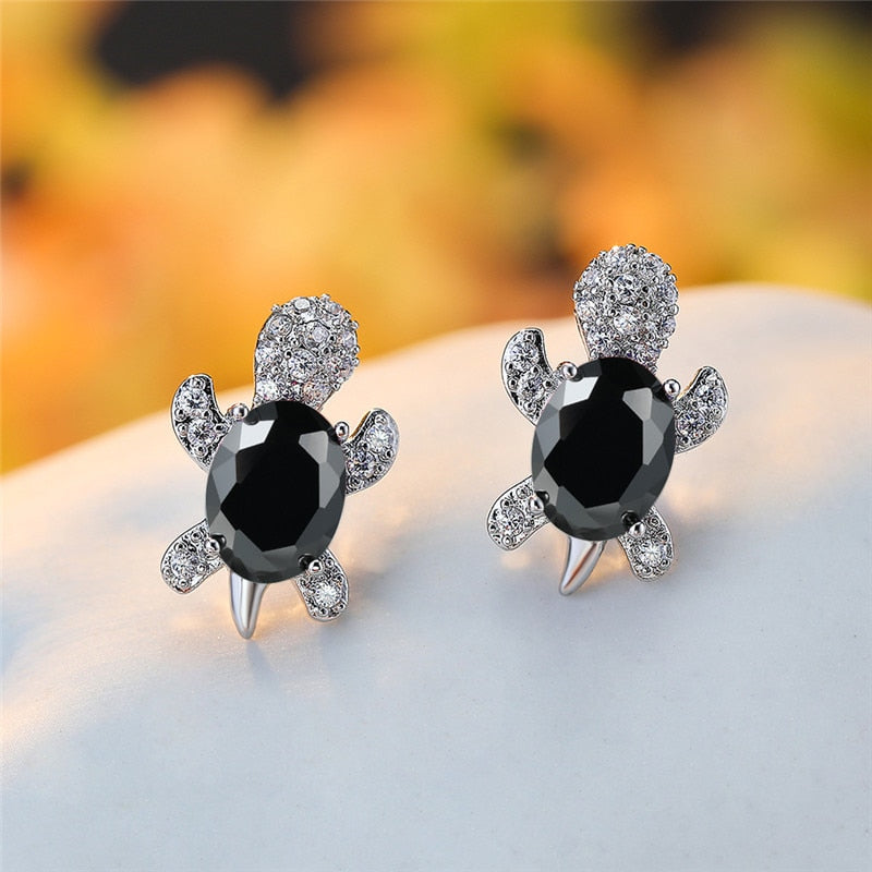 Blue Purple Oval Gradient Zircon Rainbow Stone Turtle Stud Earrings For Women Fashion Jewelry Multicolor Crystal Animal Earrings