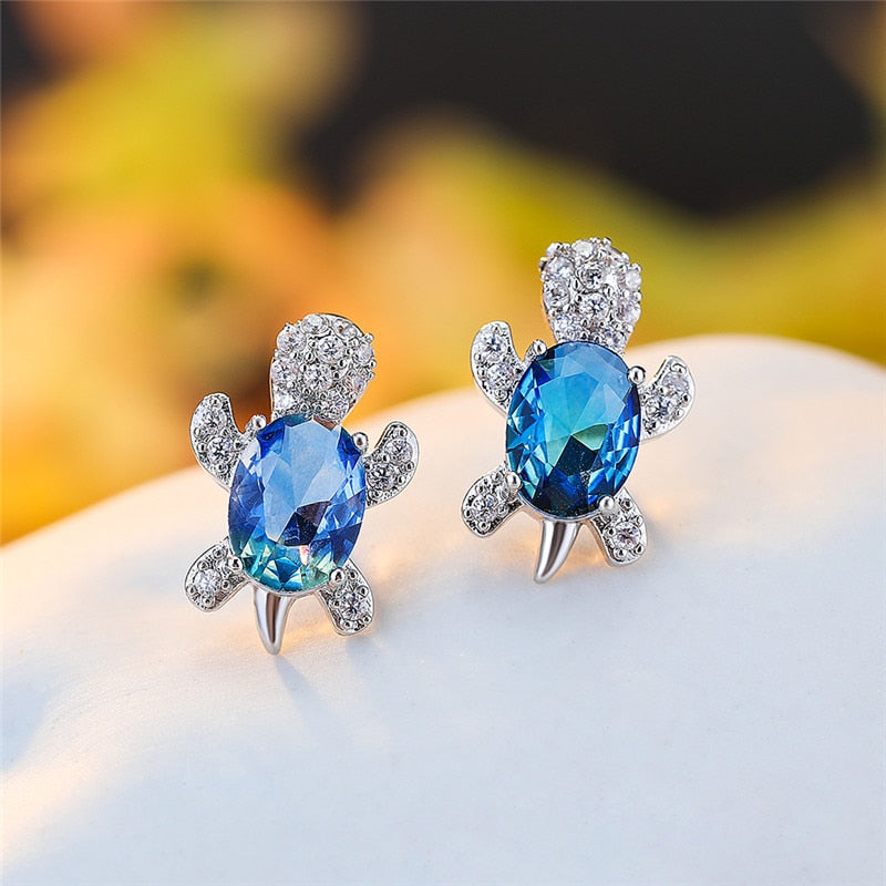 Blue Purple Oval Gradient Zircon Rainbow Stone Turtle Stud Earrings For Women Fashion Jewelry Multicolor Crystal Animal Earrings