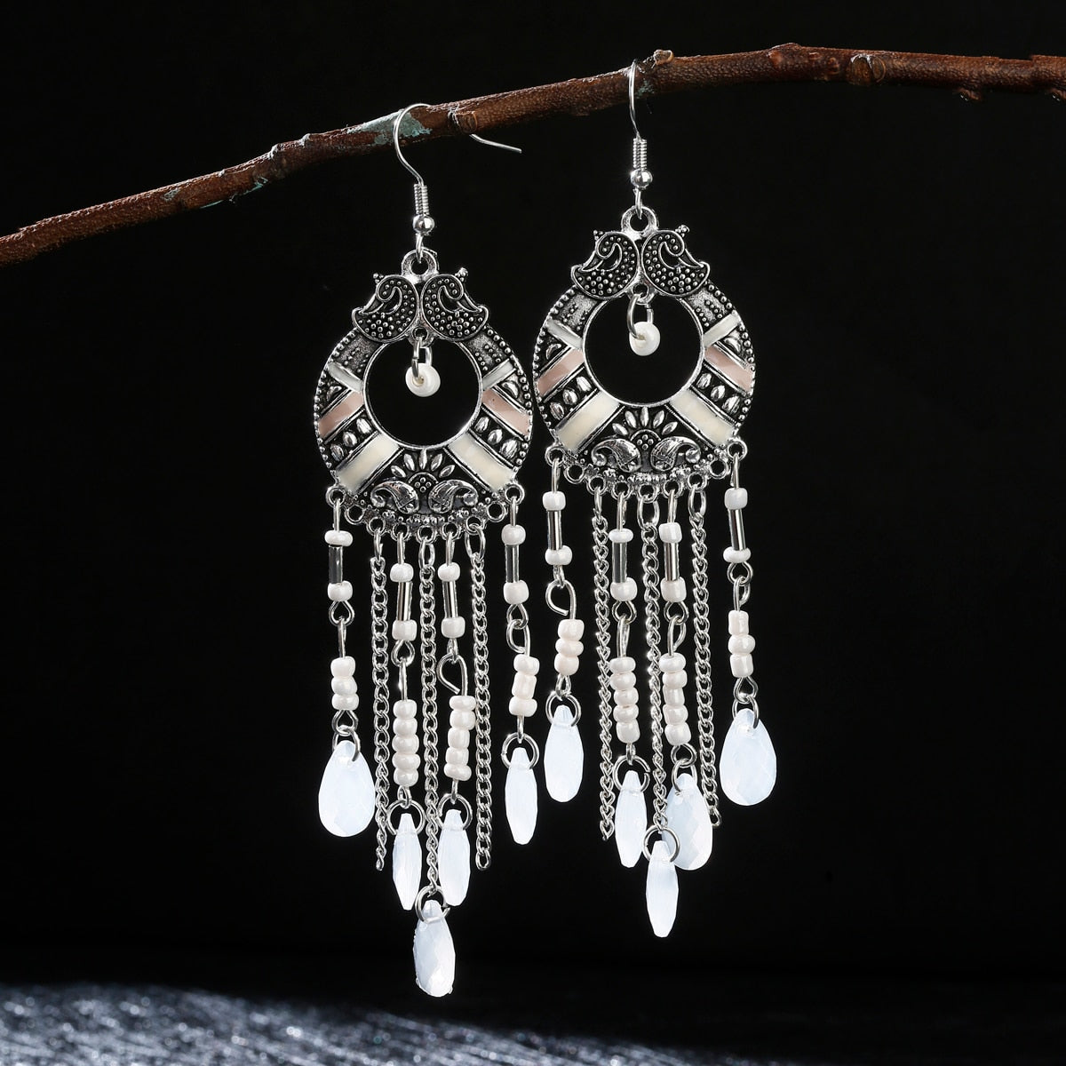 2020 Vintage Ethnic Bohemian White Beads Jhumka Earrings Geometric Metal Tassel Indian Earrings Tibetan Jewelry