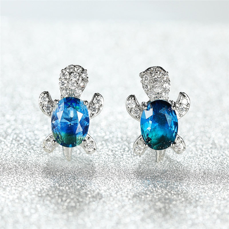 Blue Purple Oval Gradient Zircon Rainbow Stone Turtle Stud Earrings For Women Fashion Jewelry Multicolor Crystal Animal Earrings