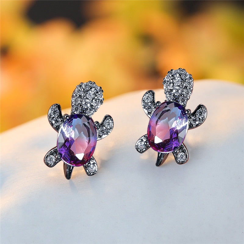 Blue Purple Oval Gradient Zircon Rainbow Stone Turtle Stud Earrings For Women Fashion Jewelry Multicolor Crystal Animal Earrings