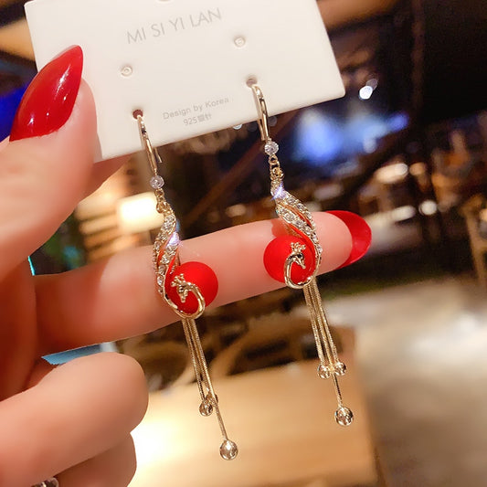 S925 Japan and South Korea new analog red peacock pearl tassel female earrings 2021 Spring Festival gift jewelry