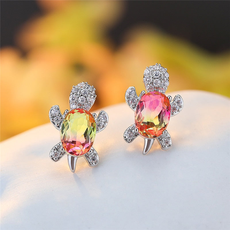 Blue Purple Oval Gradient Zircon Rainbow Stone Turtle Stud Earrings For Women Fashion Jewelry Multicolor Crystal Animal Earrings