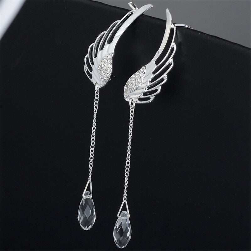 2021 New Silver Plated Angel Wing Stylist Crystal Earrings Drop Dangle Ear Stud For Women Long Cuff Earring Bohemia Jewelrys