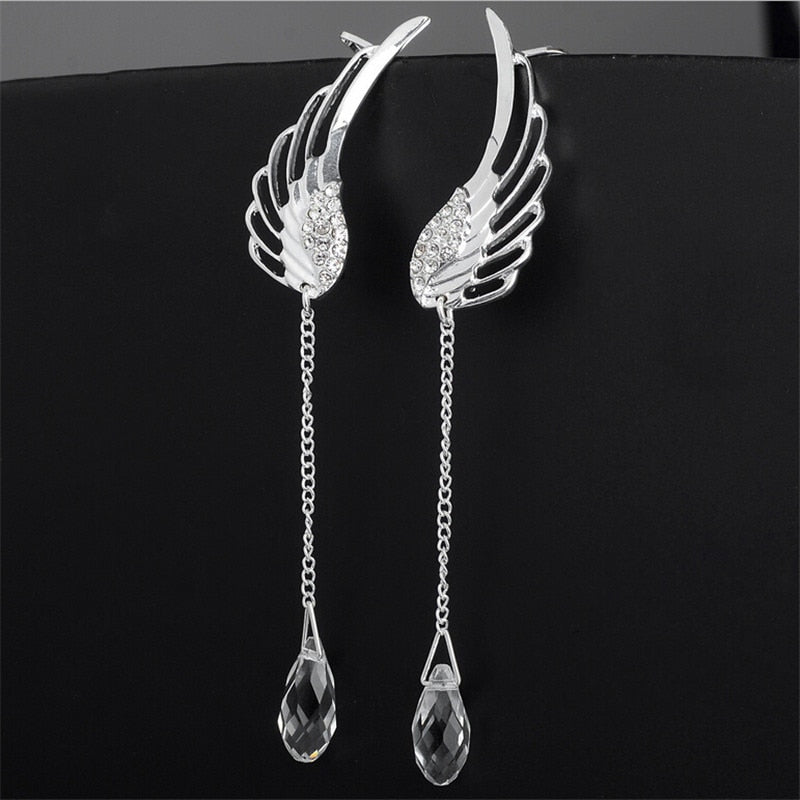 2021 New Silver Plated Angel Wing Stylist Crystal Earrings Drop Dangle Ear Stud For Women Long Cuff Earring Bohemia Jewelrys