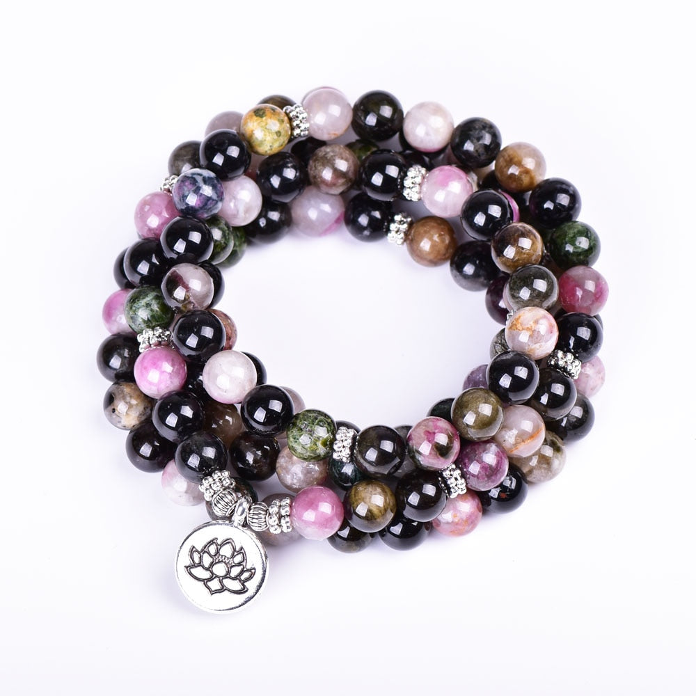 High End Luxury Natural Tourmaline 108 Japamala stone buddhist mala Elastic rope wrap Bracelet buddhist prayer beads Dropship