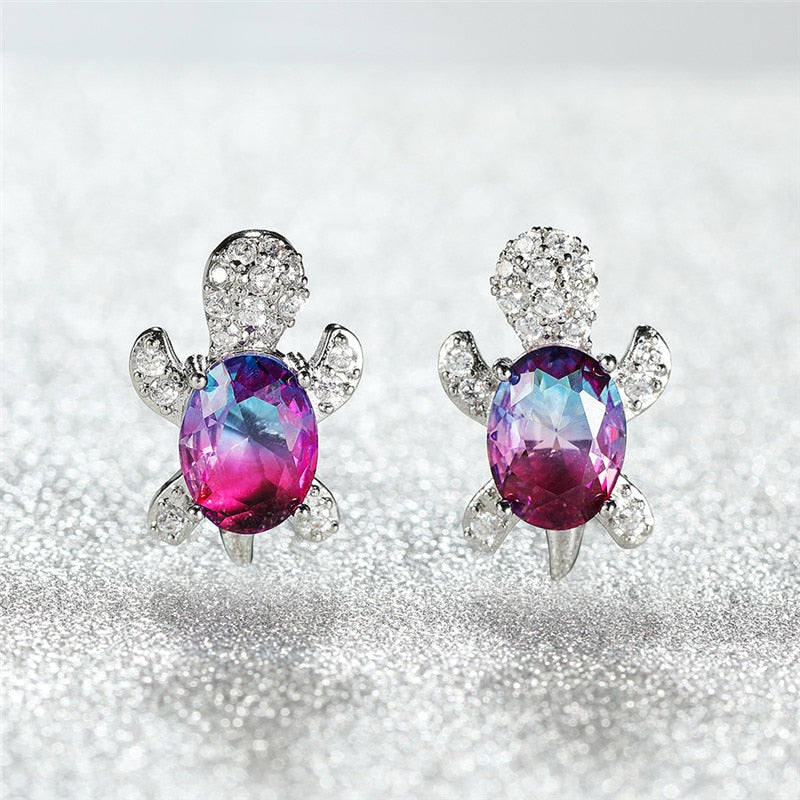 Blue Purple Oval Gradient Zircon Rainbow Stone Turtle Stud Earrings For Women Fashion Jewelry Multicolor Crystal Animal Earrings