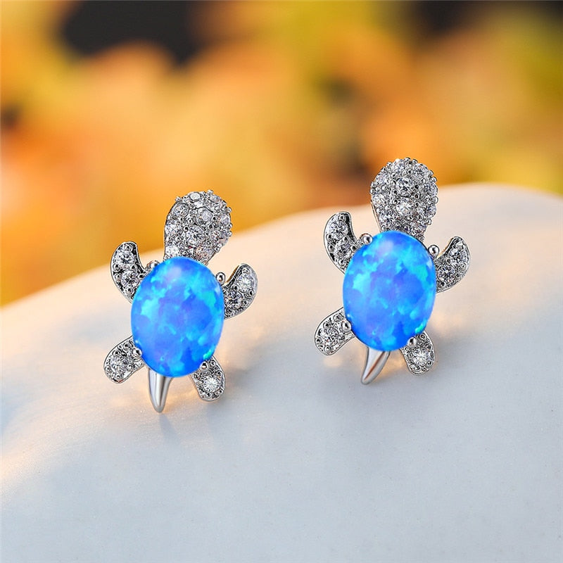 Blue Purple Oval Gradient Zircon Rainbow Stone Turtle Stud Earrings For Women Fashion Jewelry Multicolor Crystal Animal Earrings