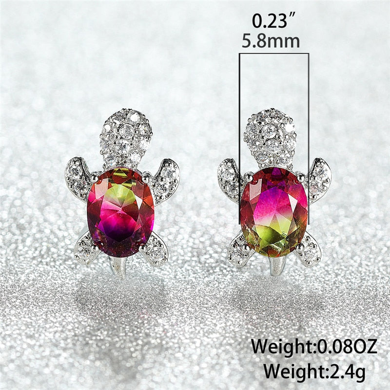 Blue Purple Oval Gradient Zircon Rainbow Stone Turtle Stud Earrings For Women Fashion Jewelry Multicolor Crystal Animal Earrings