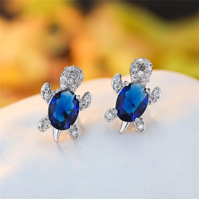 Blue Purple Oval Gradient Zircon Rainbow Stone Turtle Stud Earrings For Women Fashion Jewelry Multicolor Crystal Animal Earrings