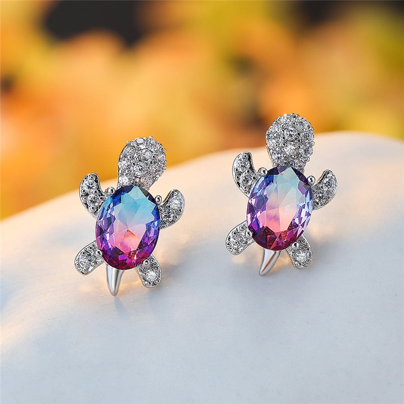 Blue Purple Oval Gradient Zircon Rainbow Stone Turtle Stud Earrings For Women Fashion Jewelry Multicolor Crystal Animal Earrings