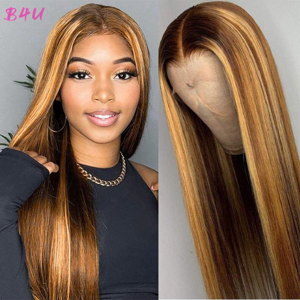 B4U Highlight Wig Human Hair Honey Blonde Transparent Lace Wigs Remy T Part Brazilian Bone Straight Lace Front Human Hair Wigs