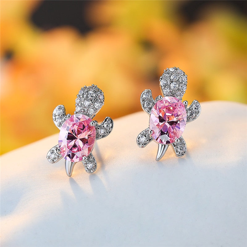 Blue Purple Oval Gradient Zircon Rainbow Stone Turtle Stud Earrings For Women Fashion Jewelry Multicolor Crystal Animal Earrings