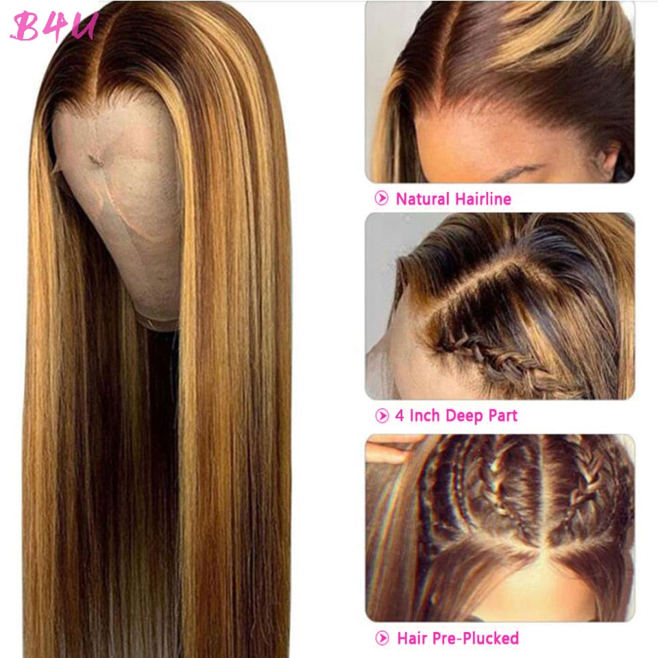 B4U Highlight Wig Human Hair Honey Blonde Transparent Lace Wigs Remy T Part Brazilian Bone Straight Lace Front Human Hair Wigs