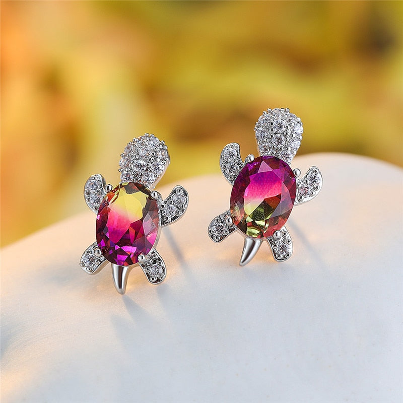 Blue Purple Oval Gradient Zircon Rainbow Stone Turtle Stud Earrings For Women Fashion Jewelry Multicolor Crystal Animal Earrings