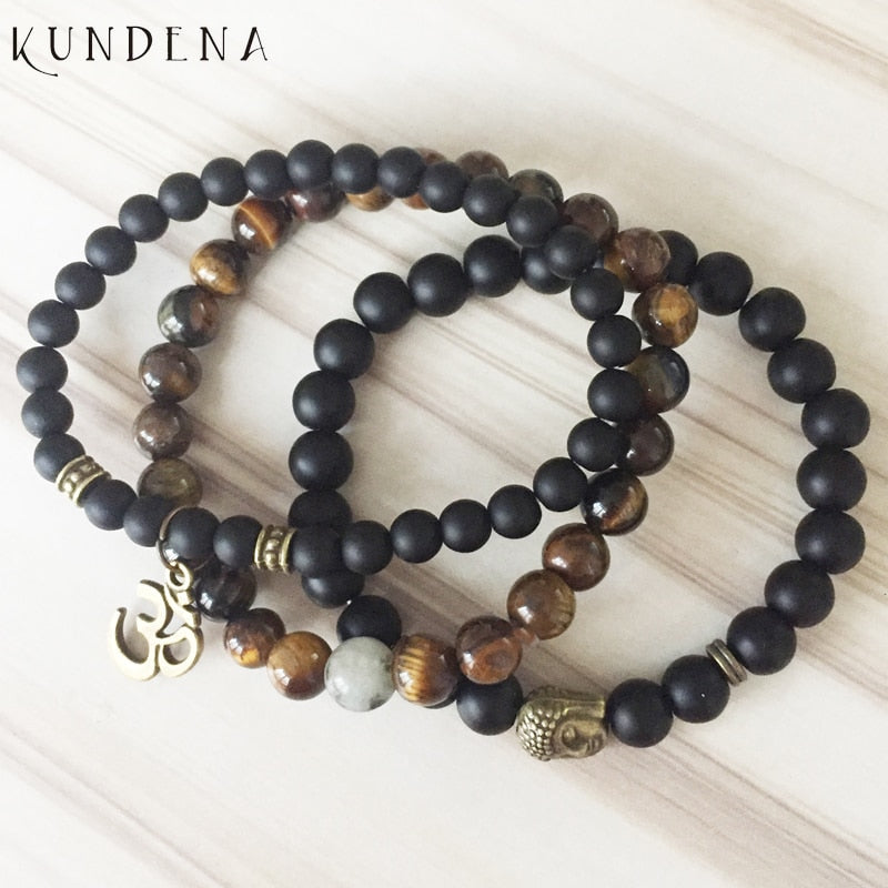 Mala Healing beads Tiger eye Matte Onyx Yoga Bracelets Bronze Buddha Om wrist Set of 3 bracelet for Man Gift For Him