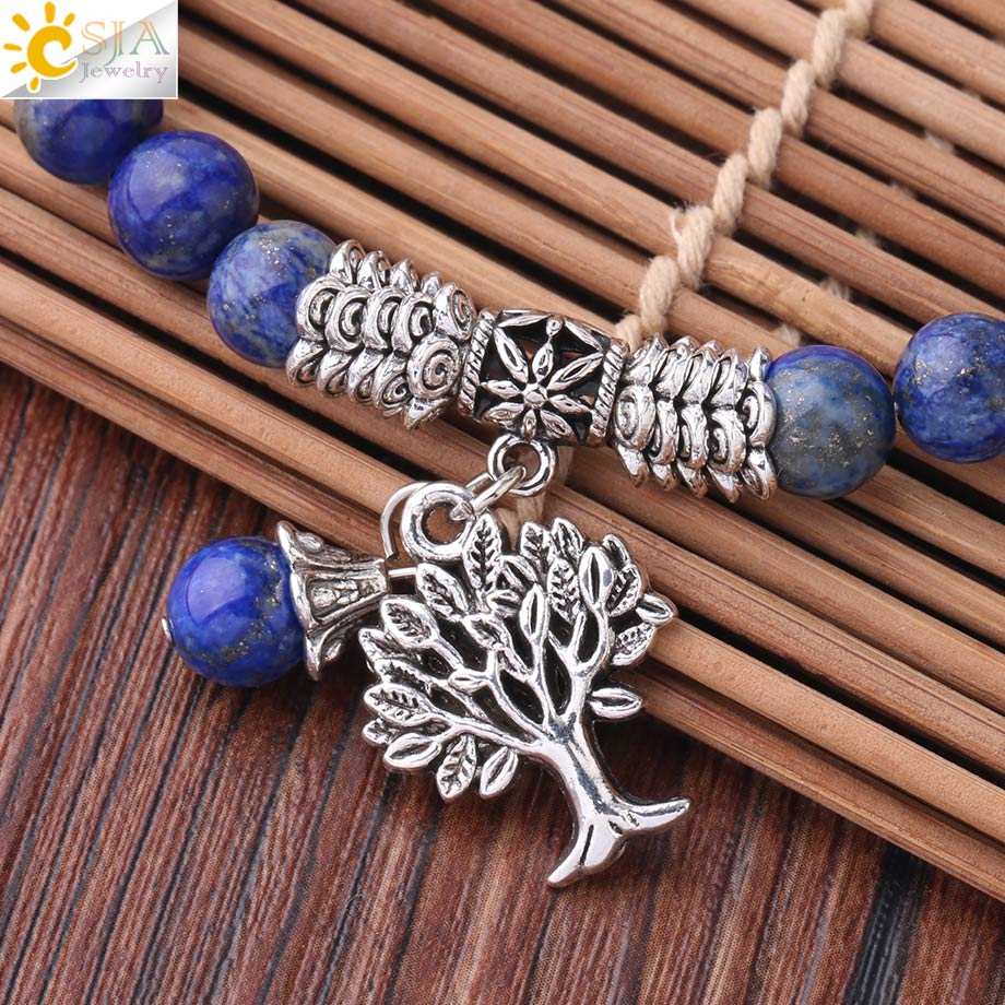 CSJA Natural Stone Lapis Lazuli Bracelets for Women Mens 8mm Blue Mala Beads Tree of Life Bracelet Charm Jewelry Meditation F783