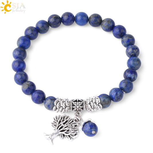 CSJA Natural Stone Lapis Lazuli Bracelets for Women Mens 8mm Blue Mala Beads Tree of Life Bracelet Charm Jewelry Meditation F783