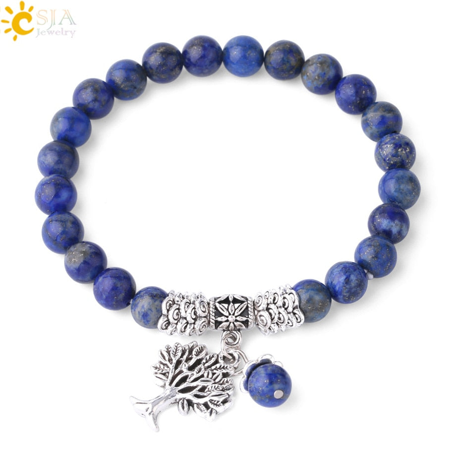 CSJA Natural Stone Lapis Lazuli Bracelets for Women Mens 8mm Blue Mala Beads Tree of Life Bracelet Charm Jewelry Meditation F783